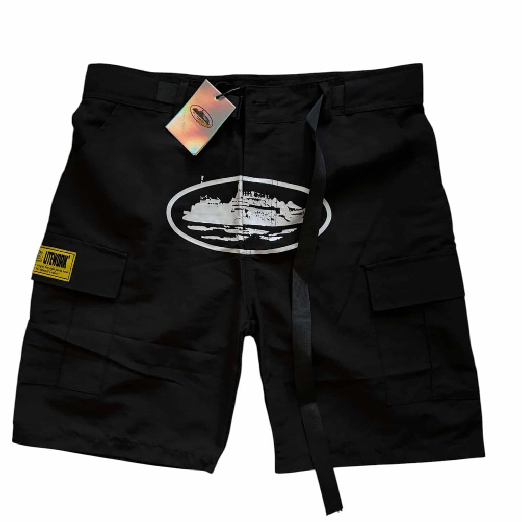 Corteiz Cargo Shorts Black & White Alcatraz Logo