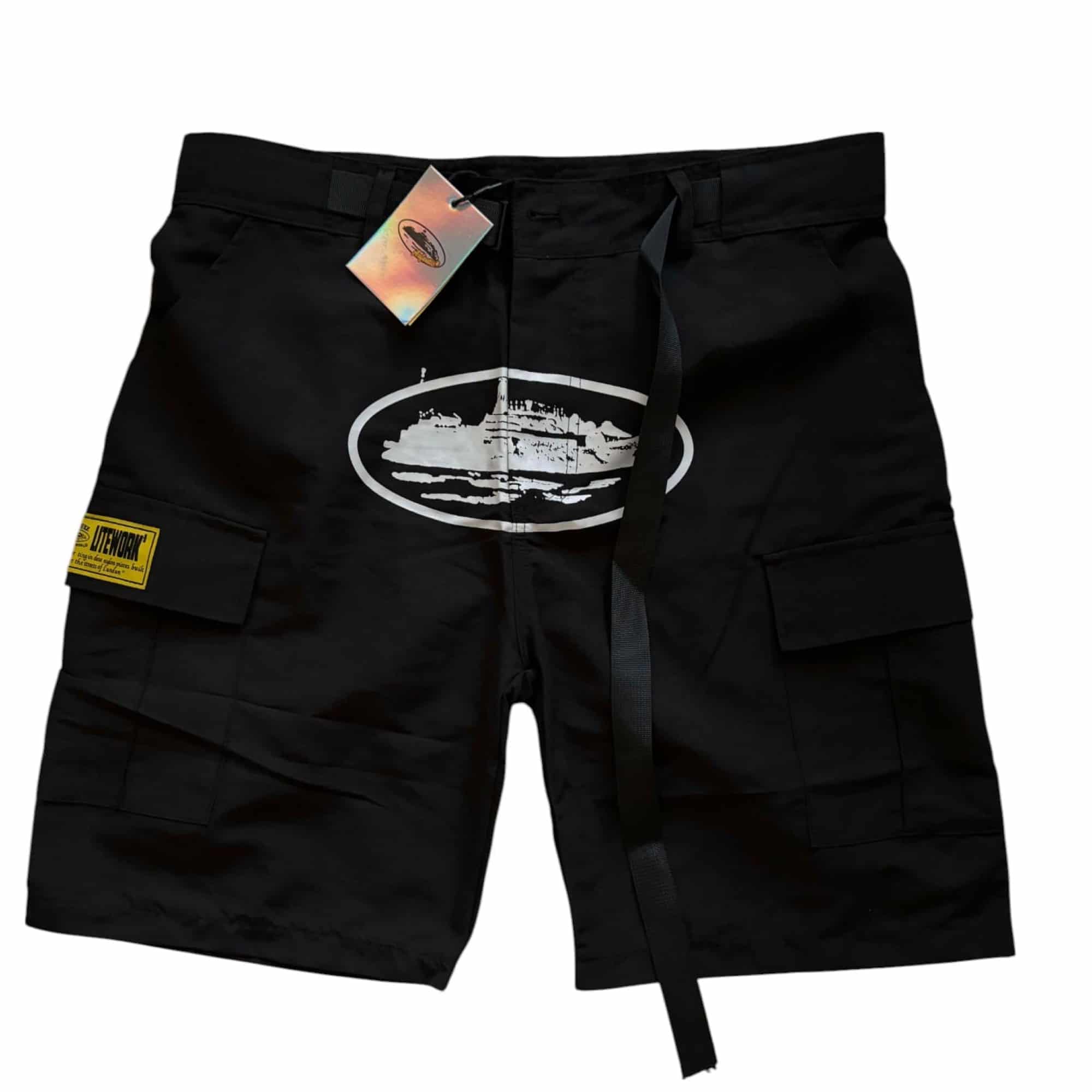 Corteiz Cargo Shorts Black & White Alcatraz Logo