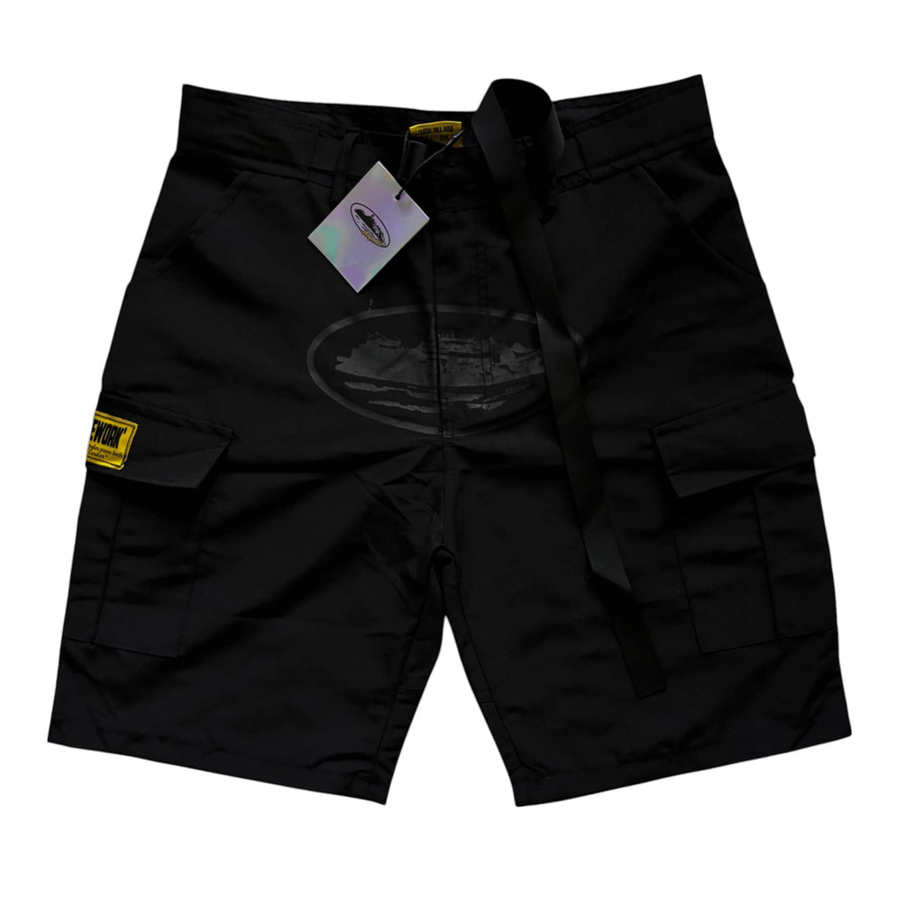 Corteiz Cargo Shorts Double Black Alcatraz Logo