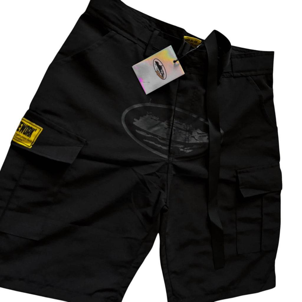Corteiz Cargo Shorts Double Black Alcatraz Logo
