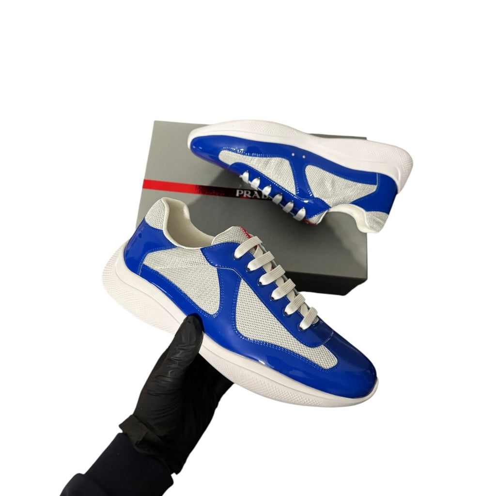 Prada Cups Patent Blue Leather Sneaker