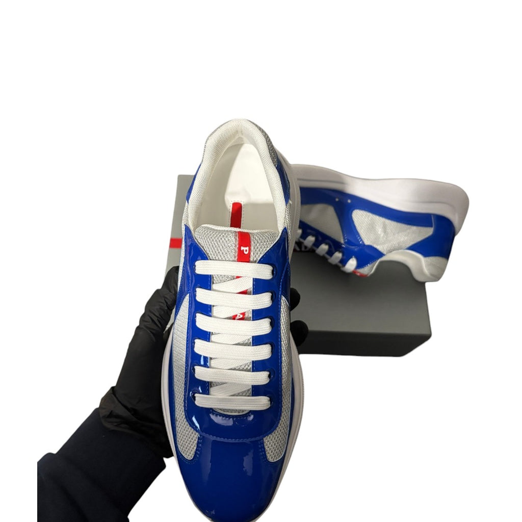 Prada Cups Patent Blue Leather Sneaker