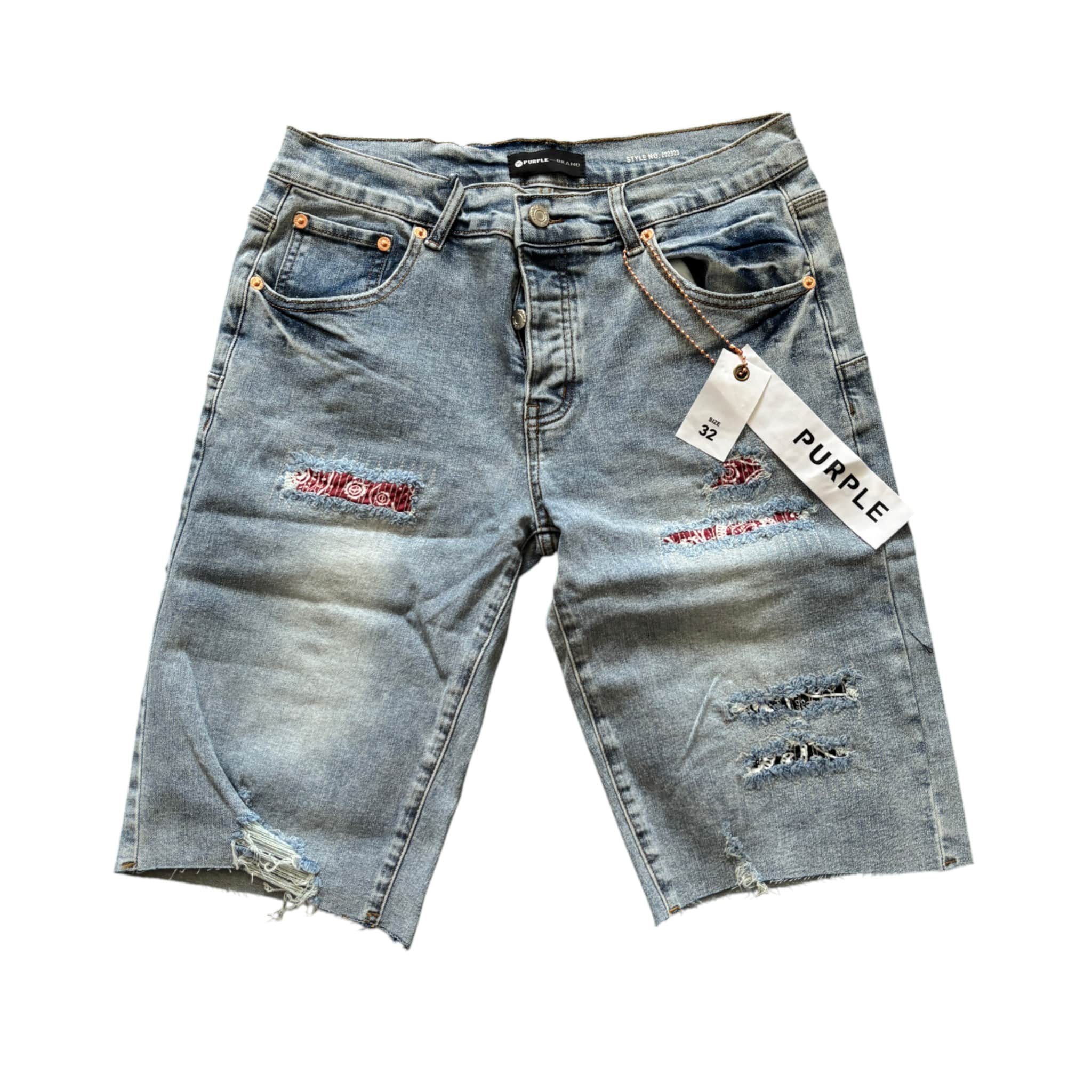 Purple Brand Distressed Denim Shorts Light Blue Wash Patchwork