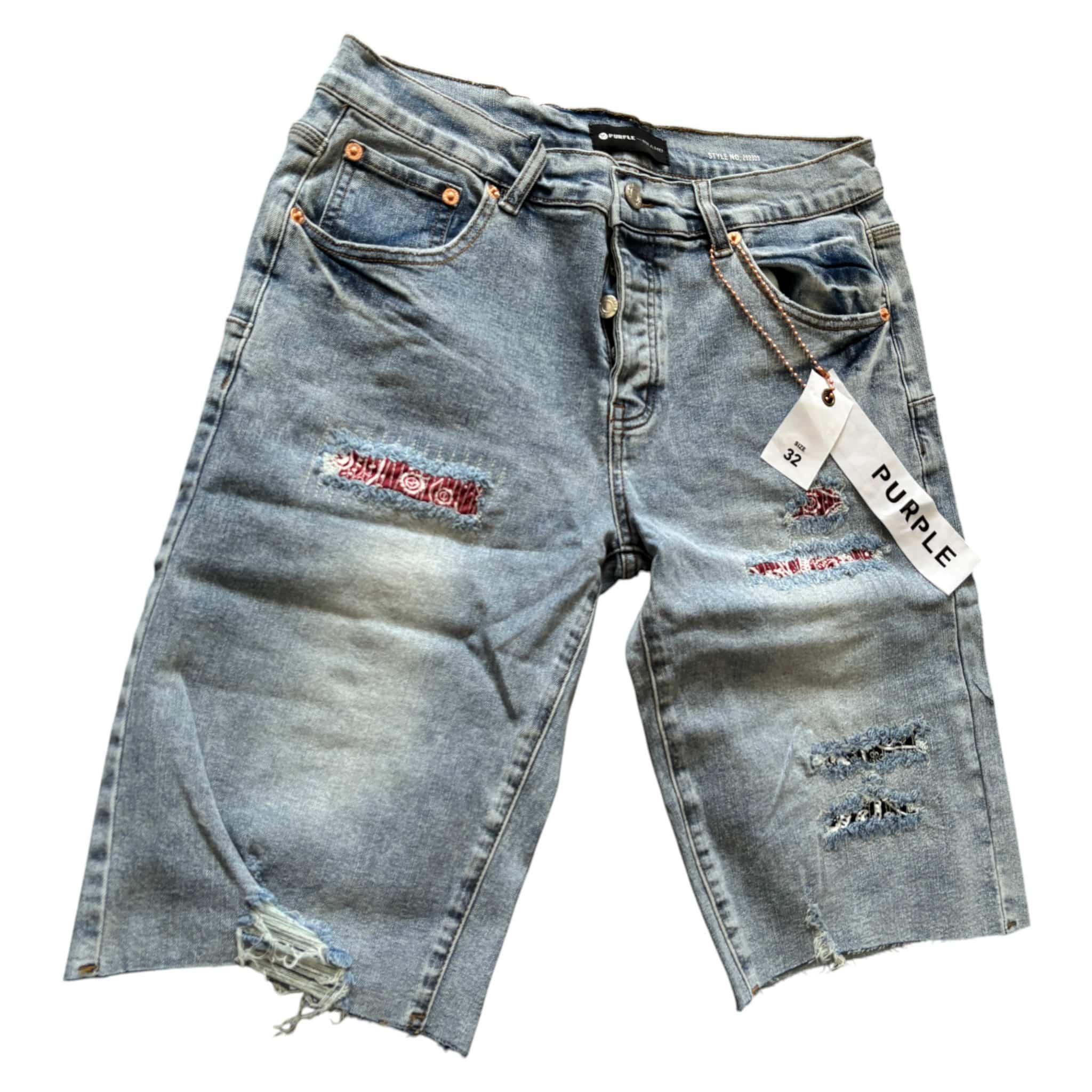 Purple Brand Distressed Denim Shorts Light Blue Wash Patchwork