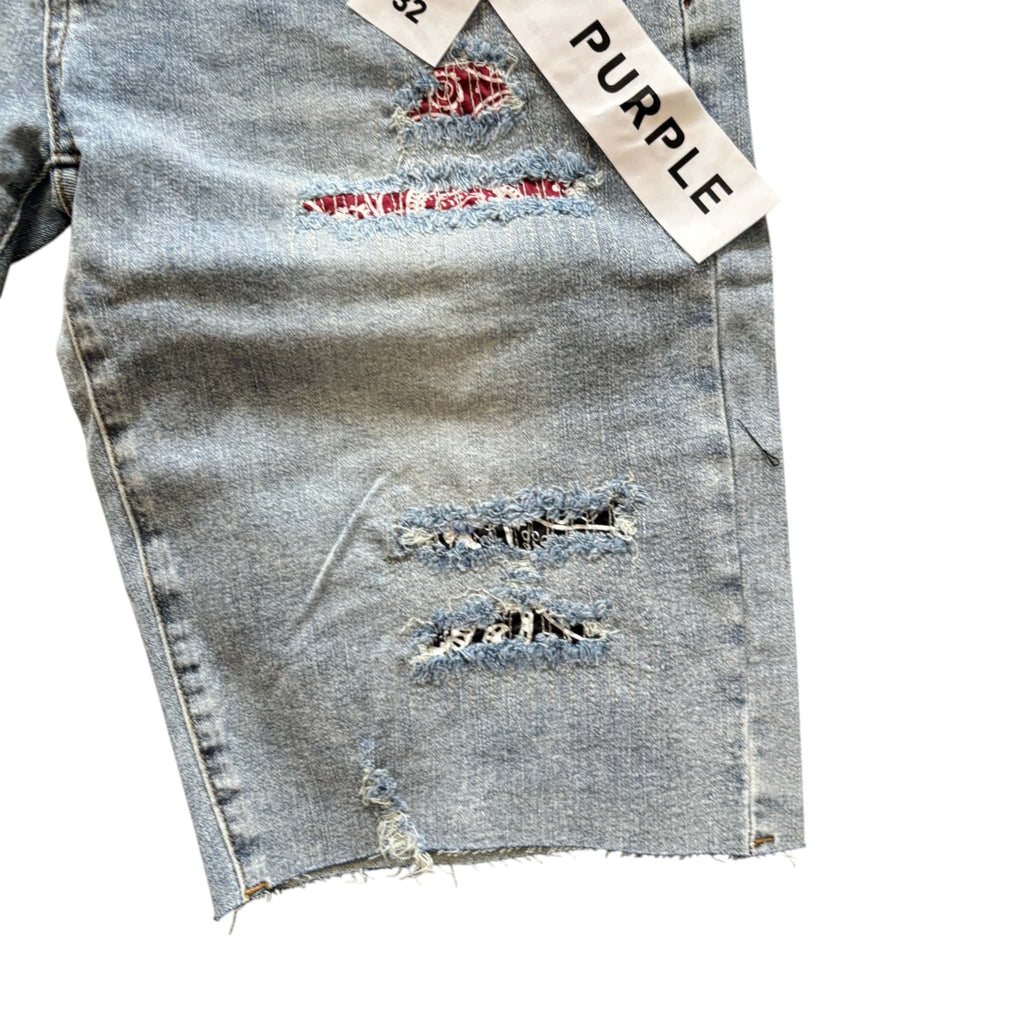 Purple Brand Distressed Denim Shorts Light Blue Wash Patchwork