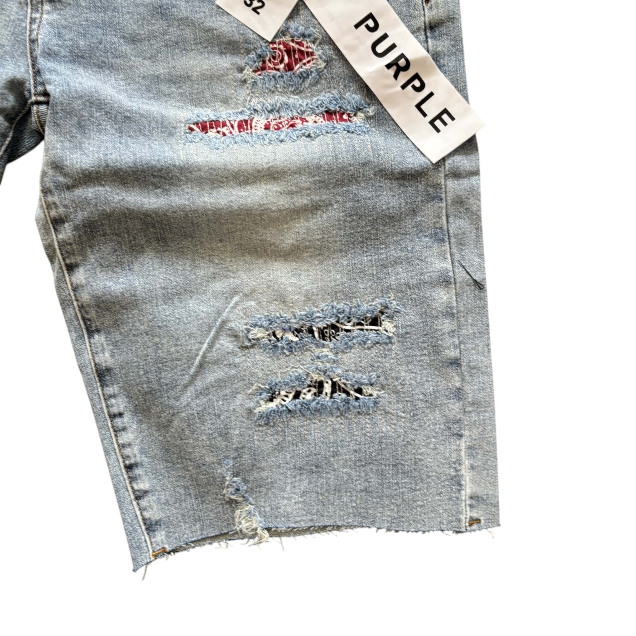 Purple Brand Distressed Denim Shorts Light Blue Wash Patchwork