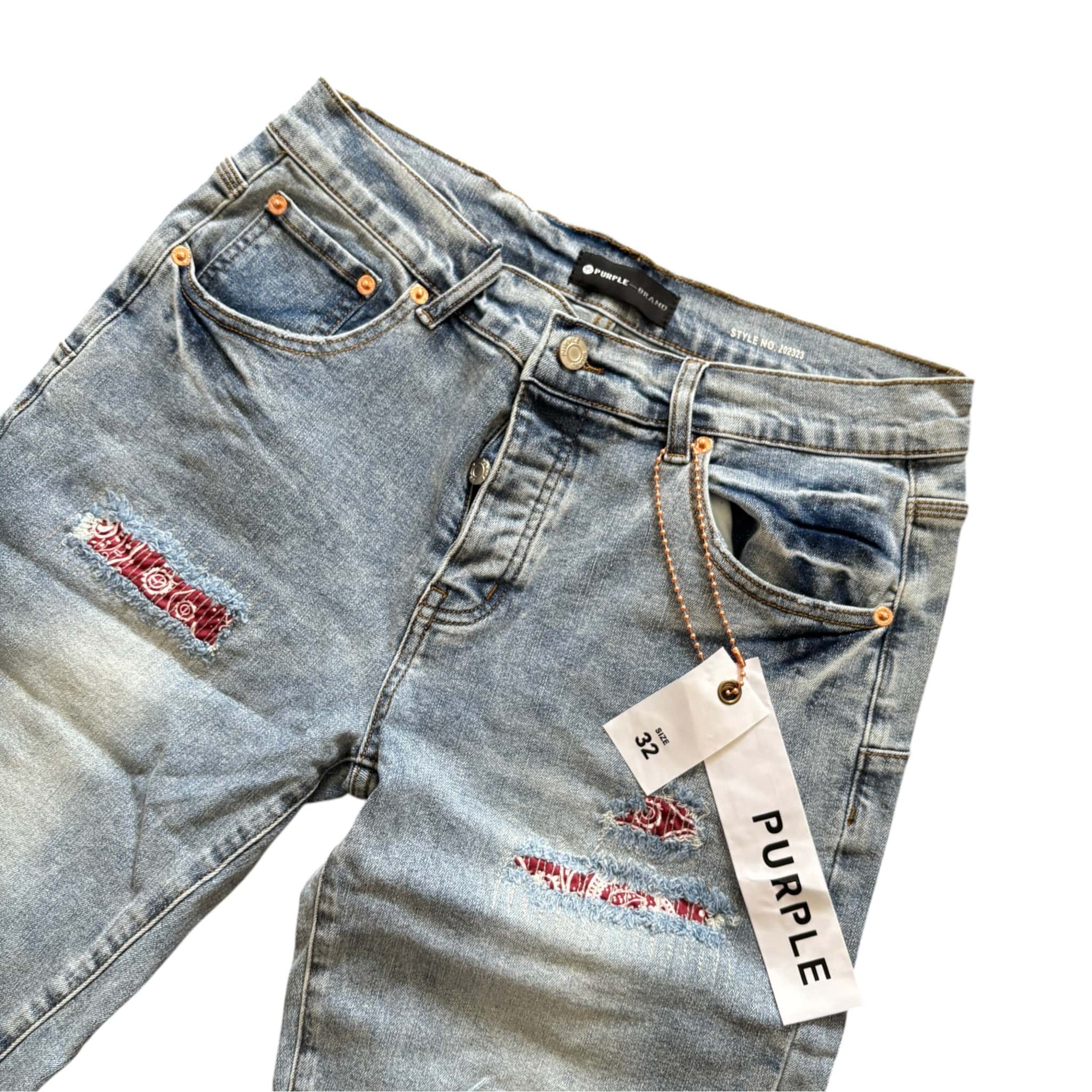 Purple Brand Distressed Denim Shorts Light Blue Wash Patchwork