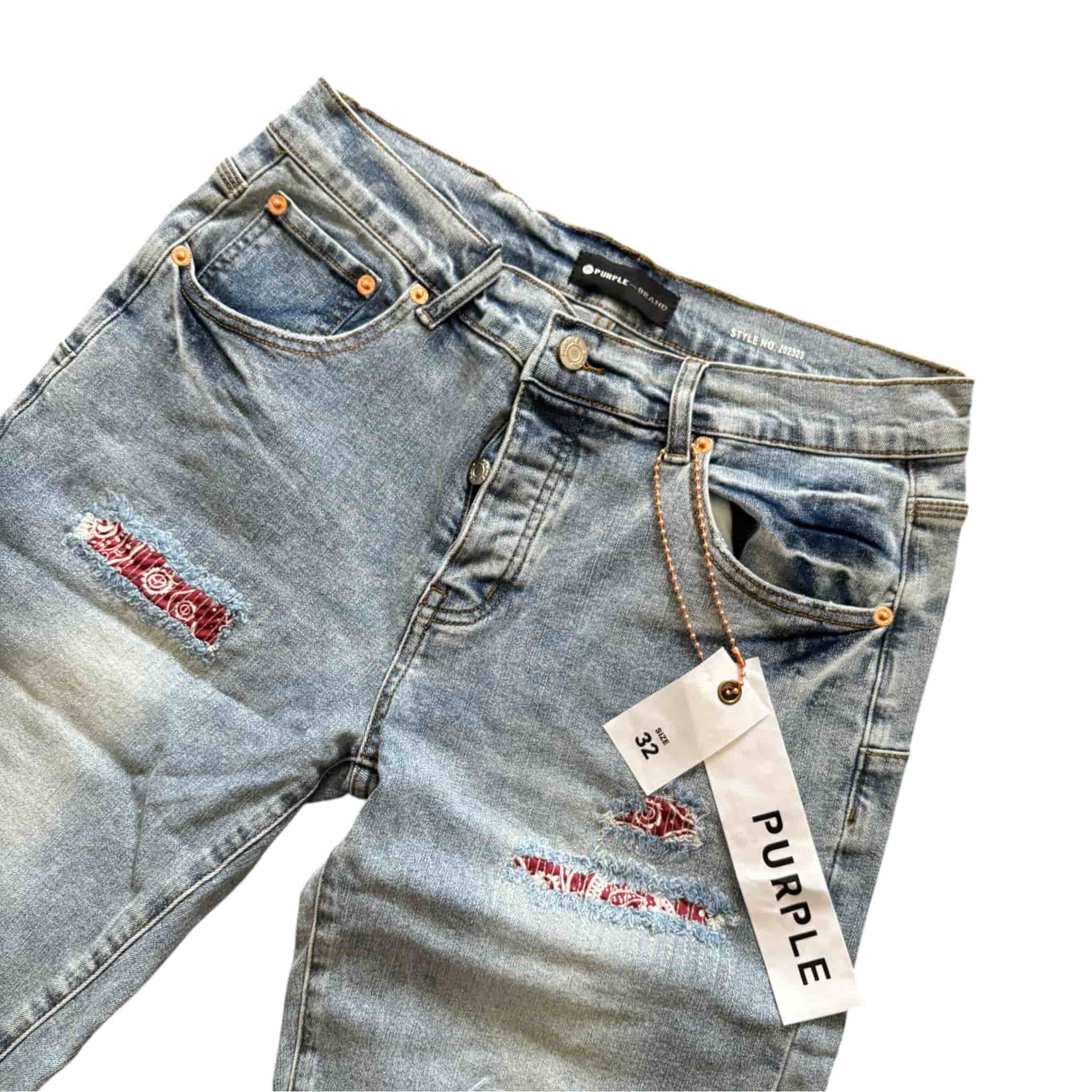 Purple Brand Distressed Denim Shorts Light Blue Wash Patchwork
