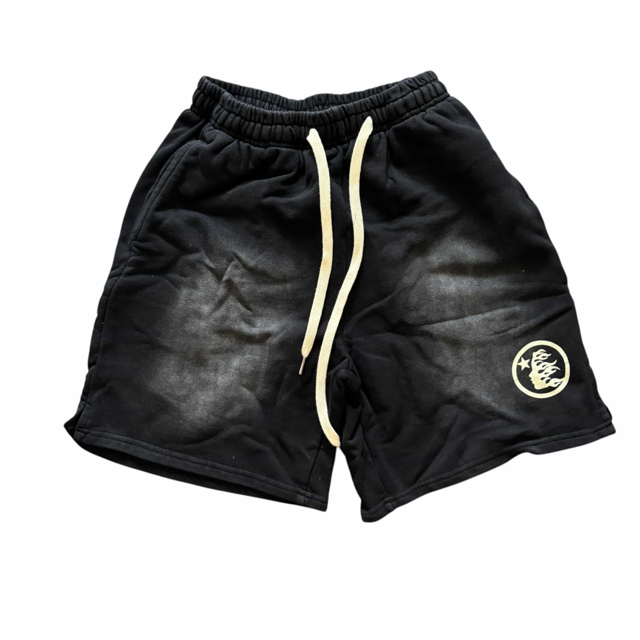 Hellstar Fleece Shorts Black Washed Cream Logo Drawstring