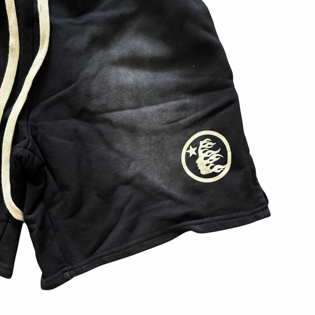 Hellstar Fleece Shorts Black Washed Cream Logo Drawstring