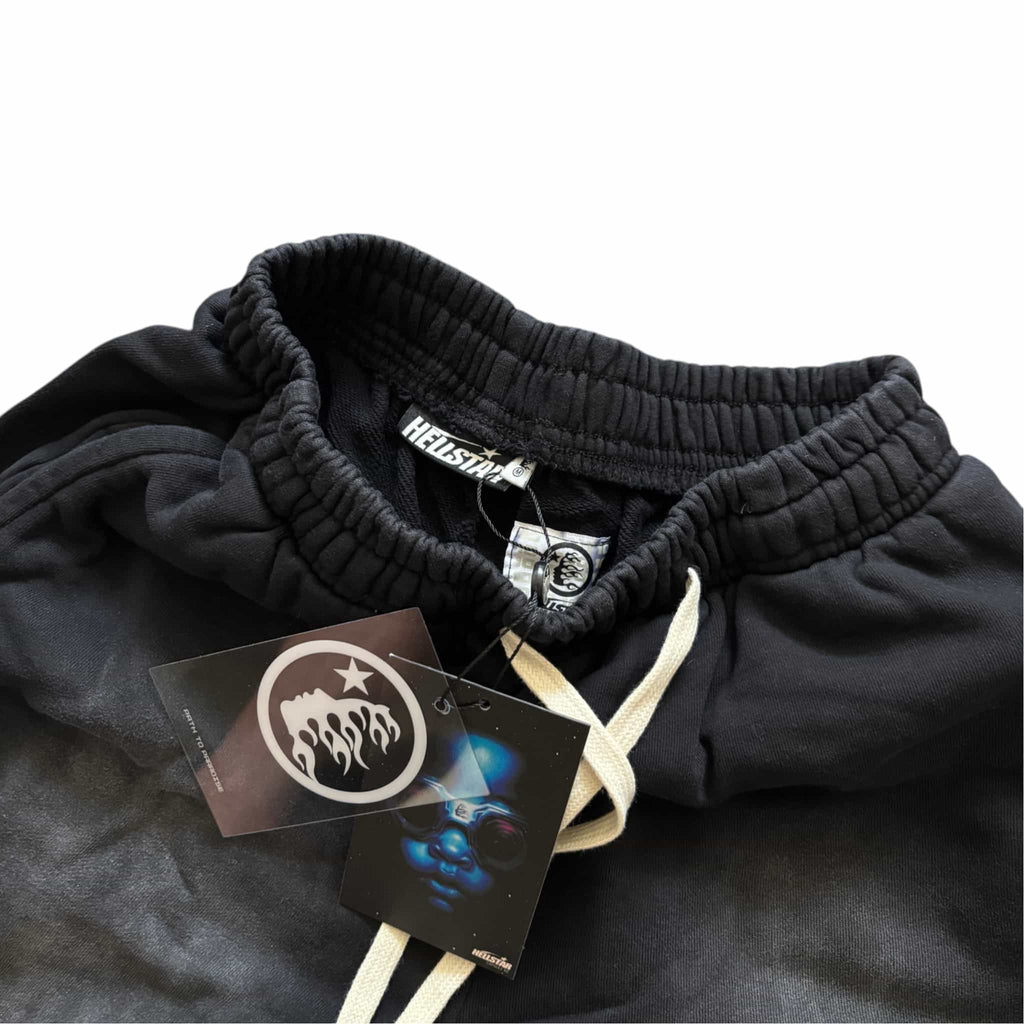 Hellstar Fleece Shorts Black Washed Cream Logo Drawstring