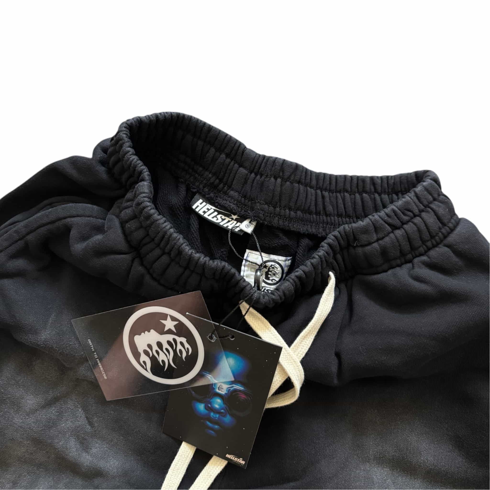 Hellstar Fleece Shorts Black Washed Cream Logo Drawstring