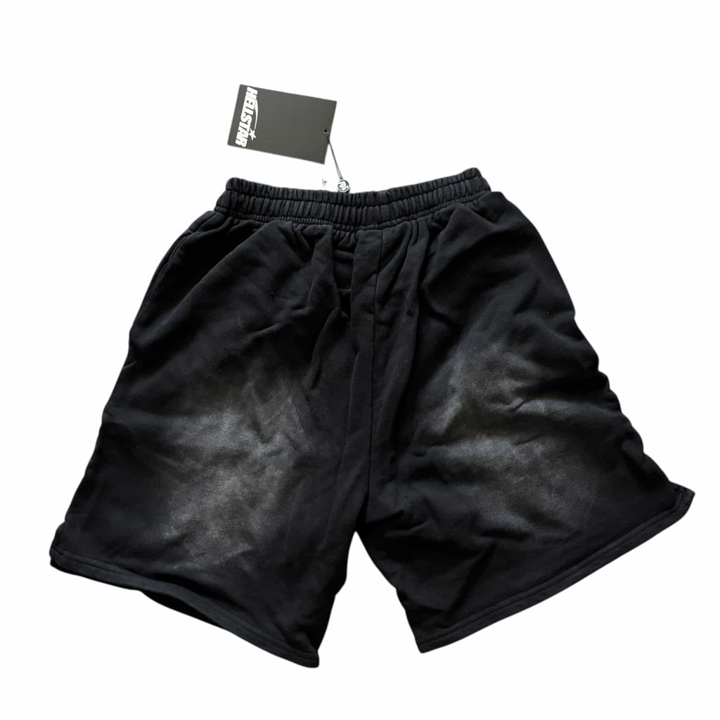 Hellstar Fleece Shorts Black Washed Cream Logo Drawstring