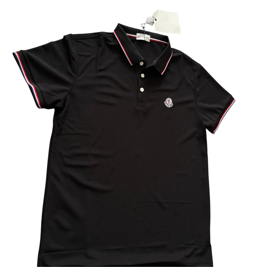 Moncler Piqué Polo Shirt Black Tricolor Logo Badge