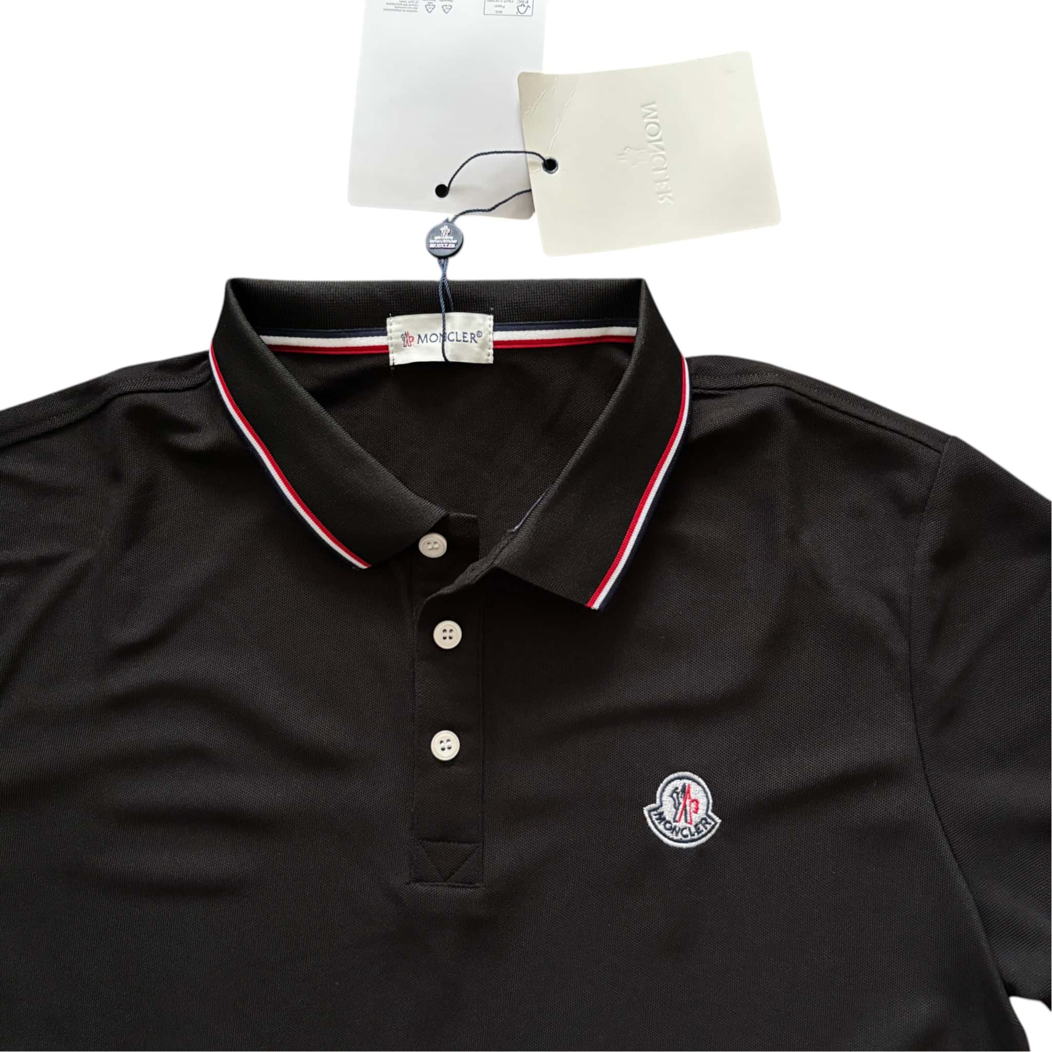Moncler Piqué Polo Shirt Black Tricolor Logo Badge