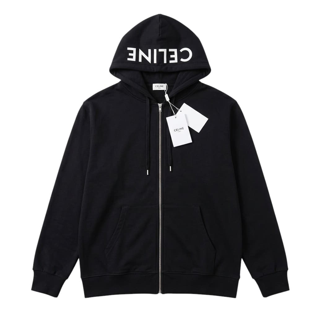 Celine Black Zip-Up Hoodie with Logo Print on Hood