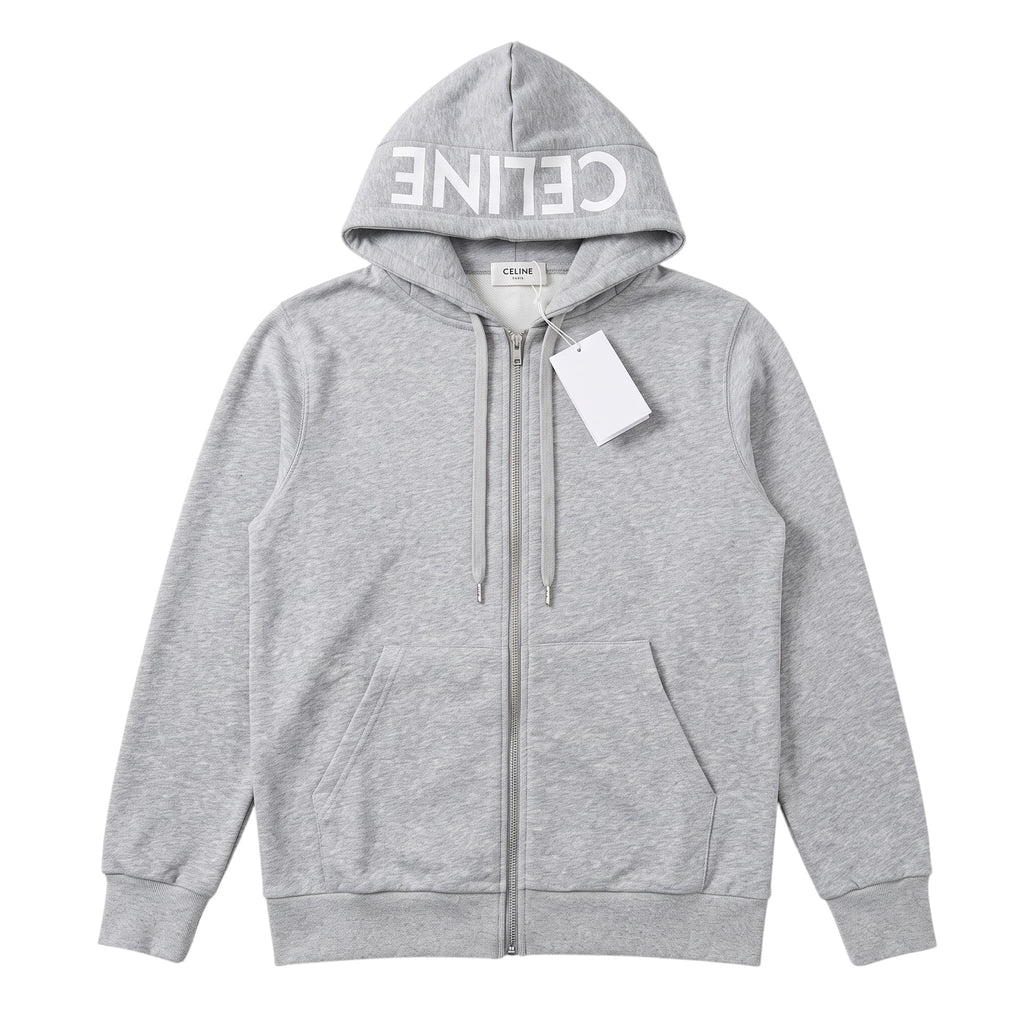 Celine Gray Zip-Up Hoodie with Logo Print on Hood